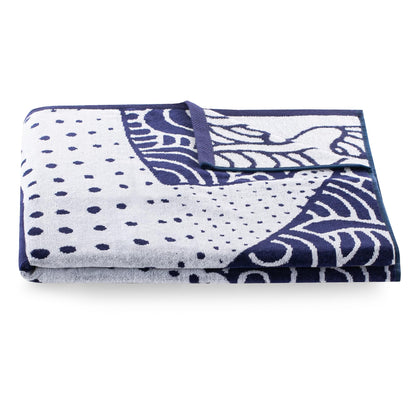 RESTILO Beach Towel Large 90 x 180 cm Cotton Terry Velour Bath Towel Dark Blue Navy Blue White Shark Shark