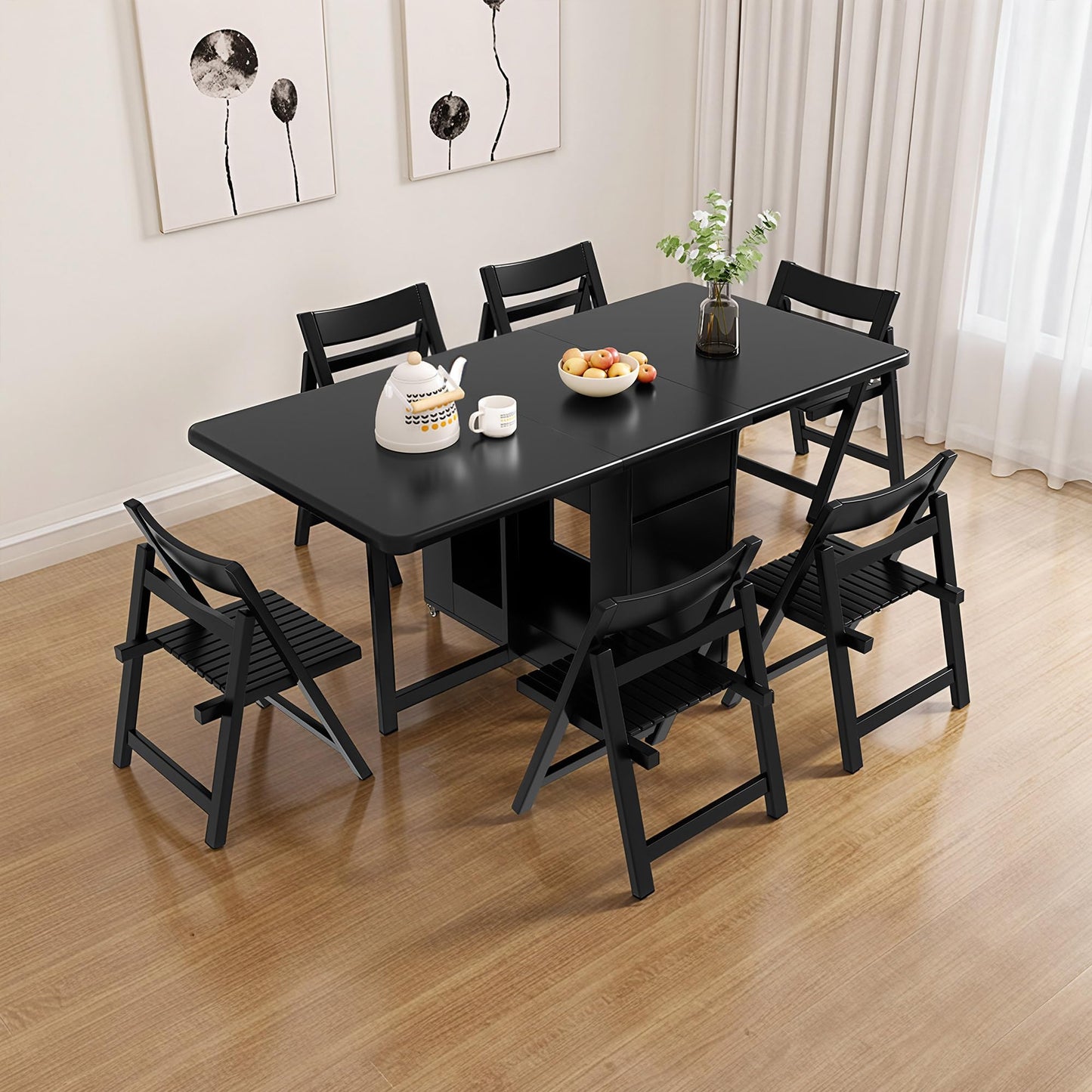 GildedGrove Solid Wood Folding Dining Table - Retro Black Finish with Wheels & Storage | Mobile Long Table for 4-6 People