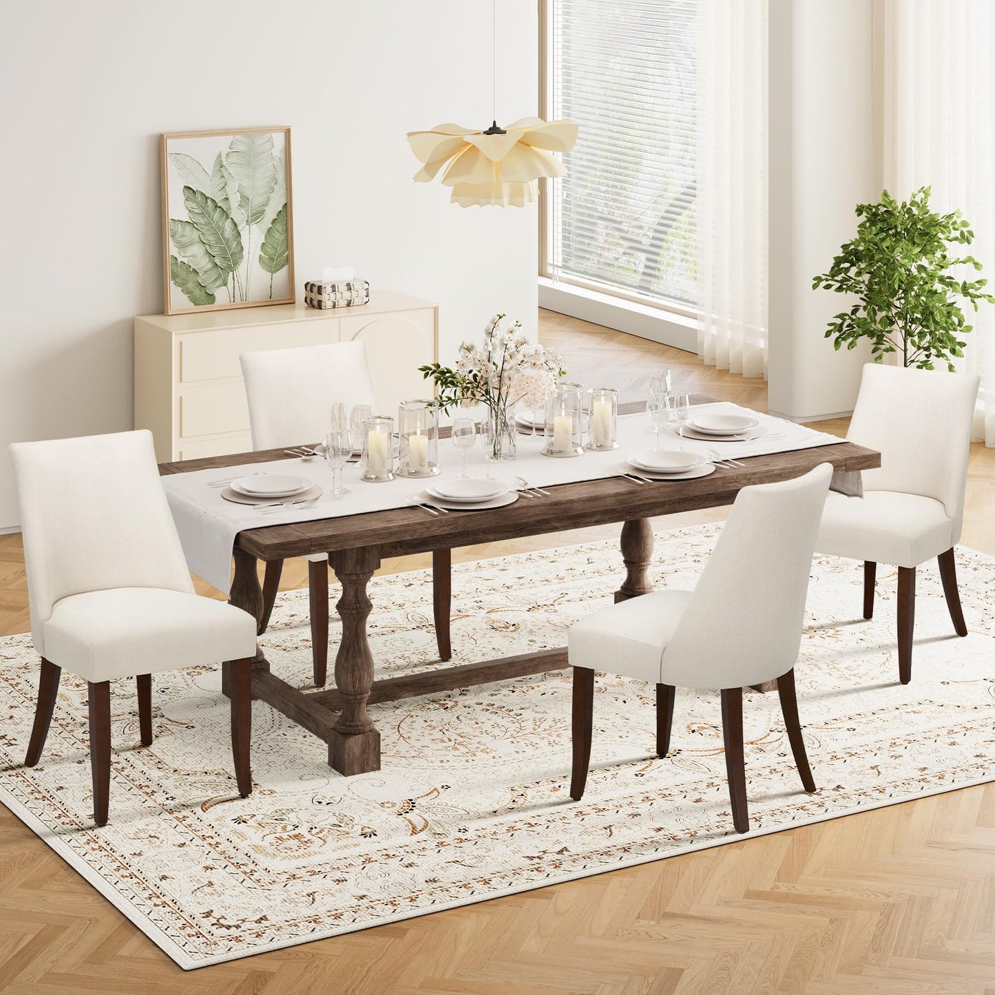 COLAMY Upholstered Dining Chairs Set of 4, Linen Fabric Parsons Dining Room Chairs with Curved Backrest, Solid Rubber Wood Legs