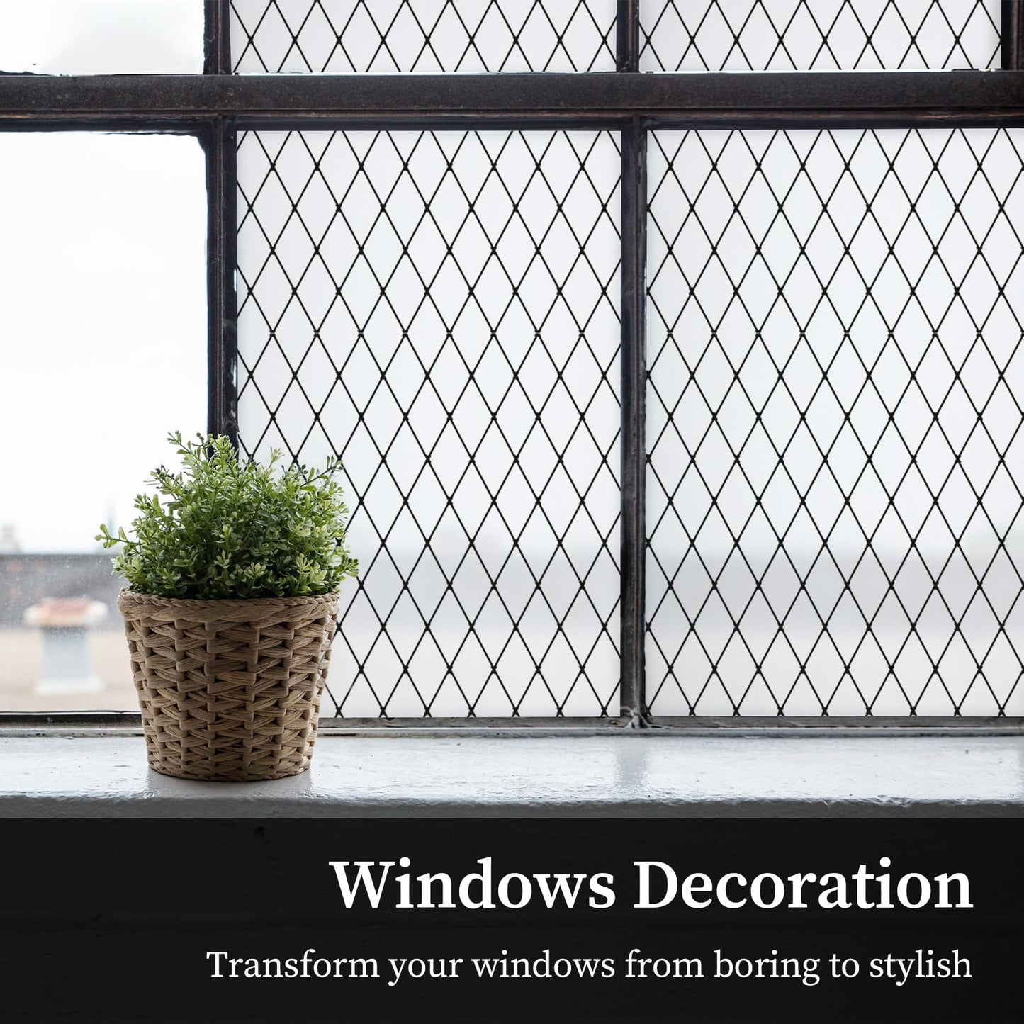 FEOMOS Black Lattice Window Film Static Window Clings Frosted Window Films Privacy Glass Door Sticker Decorative Window Cover Removal Anti-UV 90x300cm
