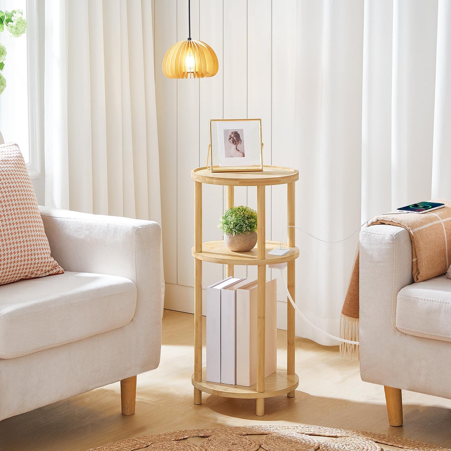 HOOBRO Round Side Table with Charging Station, 3-Tier Bamboo Small Sofa Table, Small Table Bedside Table with 1 AC, 1USB Port, 1 Type-C