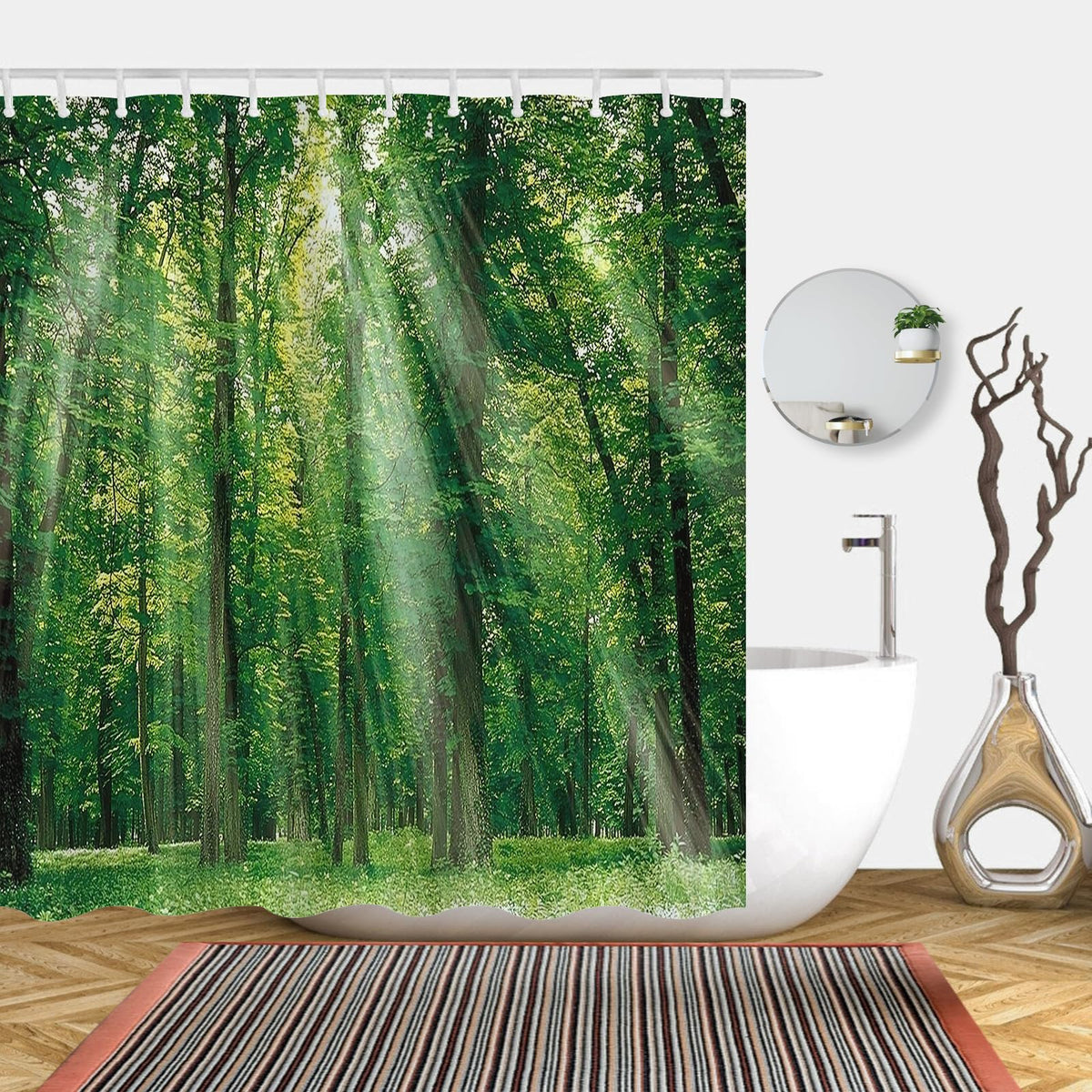 Simpomsy Green Forest Shower Curtain, Green Jungle Tall Trees Sunshine Shower Curtains, Nature Landscape 3D Scenery Bathroom Curtains