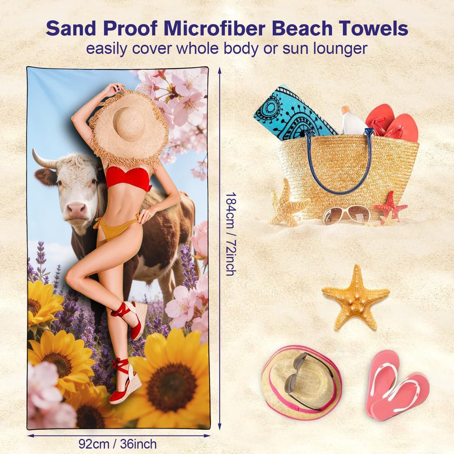 Violetpos Cow in Sunflowers & Lavender Beach Towel, Extra Large 180x90 cm 250GSM Microfibre, Sand Free Quick Dry