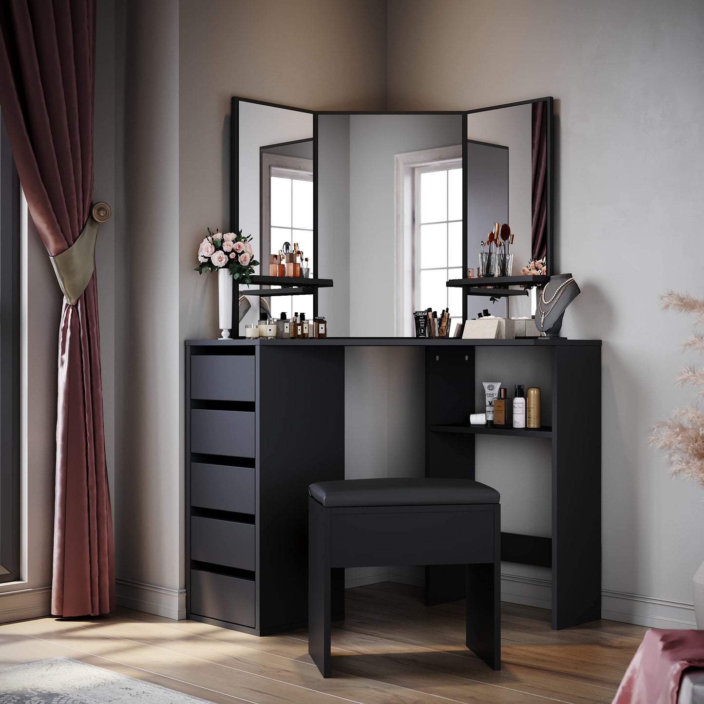 ELEGANT Corner Dressing Table with Padded Stool, Vanity Desk with 5 Drawers
