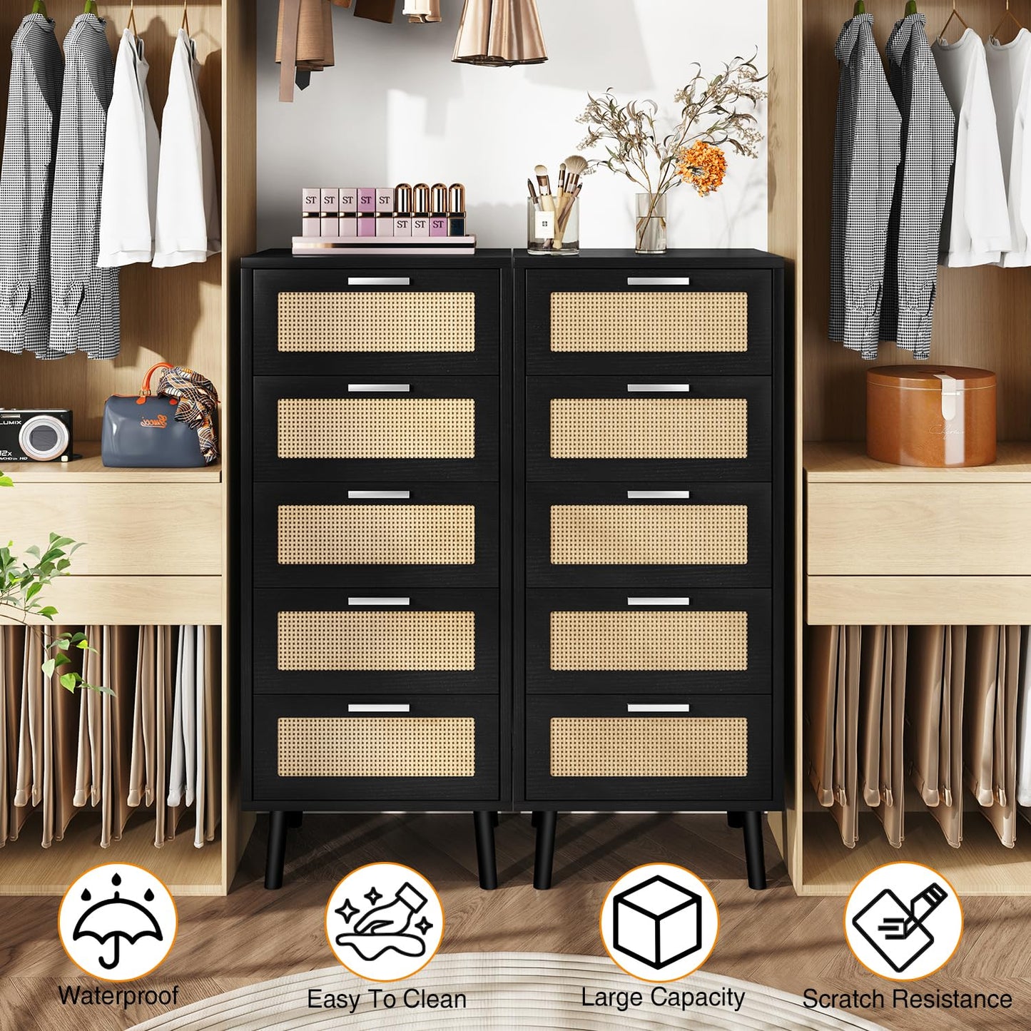 IBUYKE Rattan Chest of Drawers Bedroom with 5 Drawers,Black WST010B