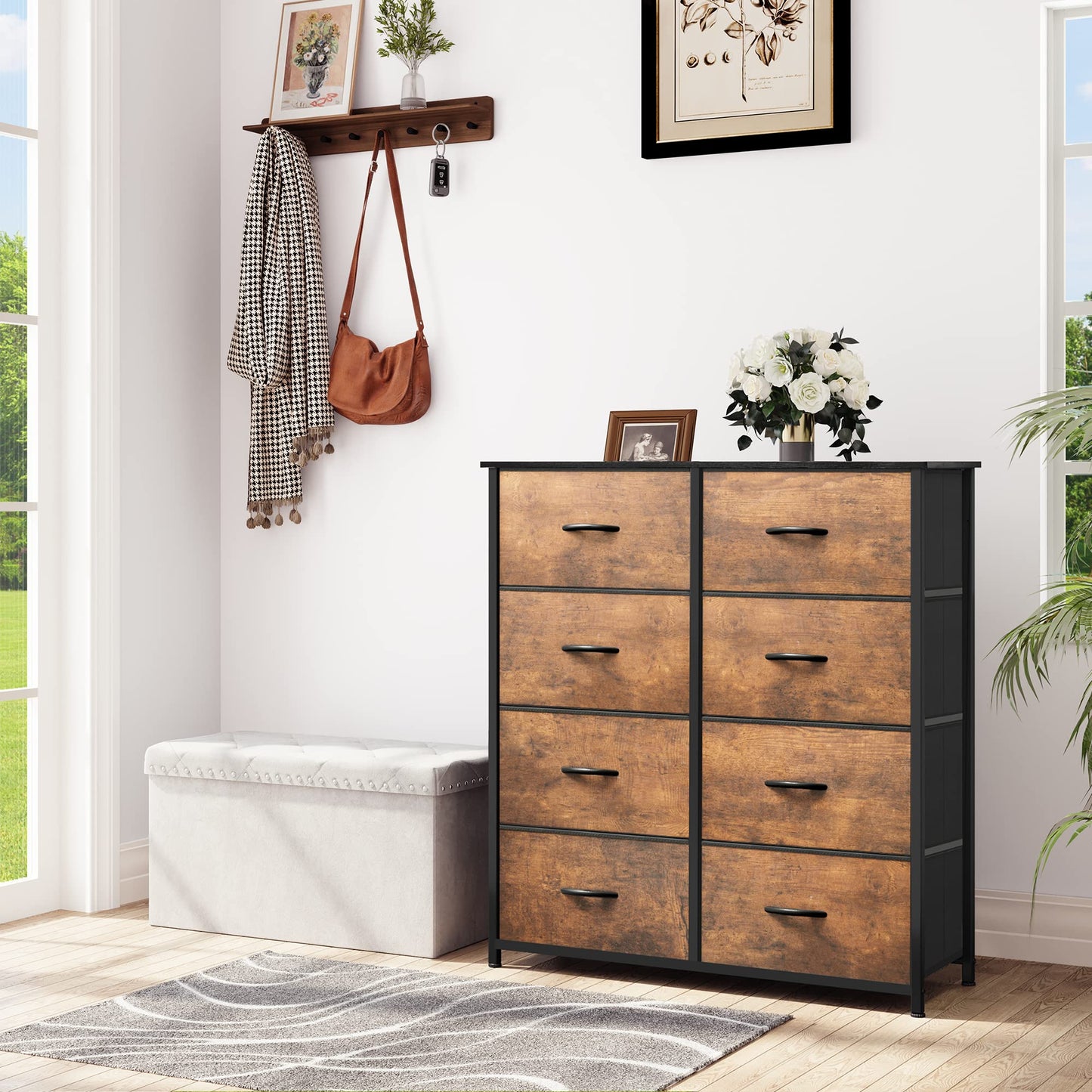 YITAHOME Chest of Drawer with 8 Drawers for Bedroom Fabric Dresser Storage Drawers With Handles Metal Frame for Living Room, Hallway,Rustic Brown