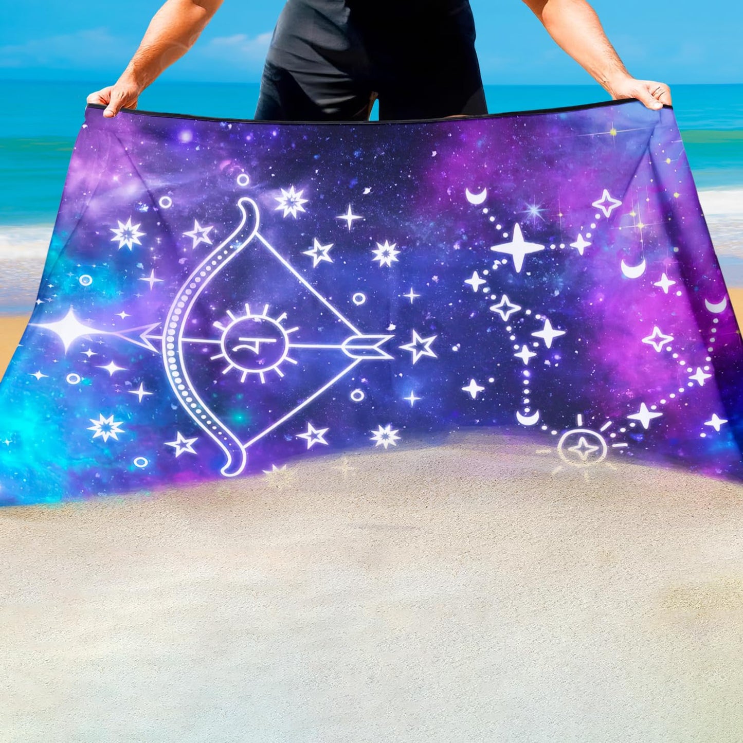 Violetpos Sagittarius Zodiac Sign Beach Towel for Astrology Fans, Extra Large 180x90 cm 250GSM Microfibre, Sand Free Quick Dry