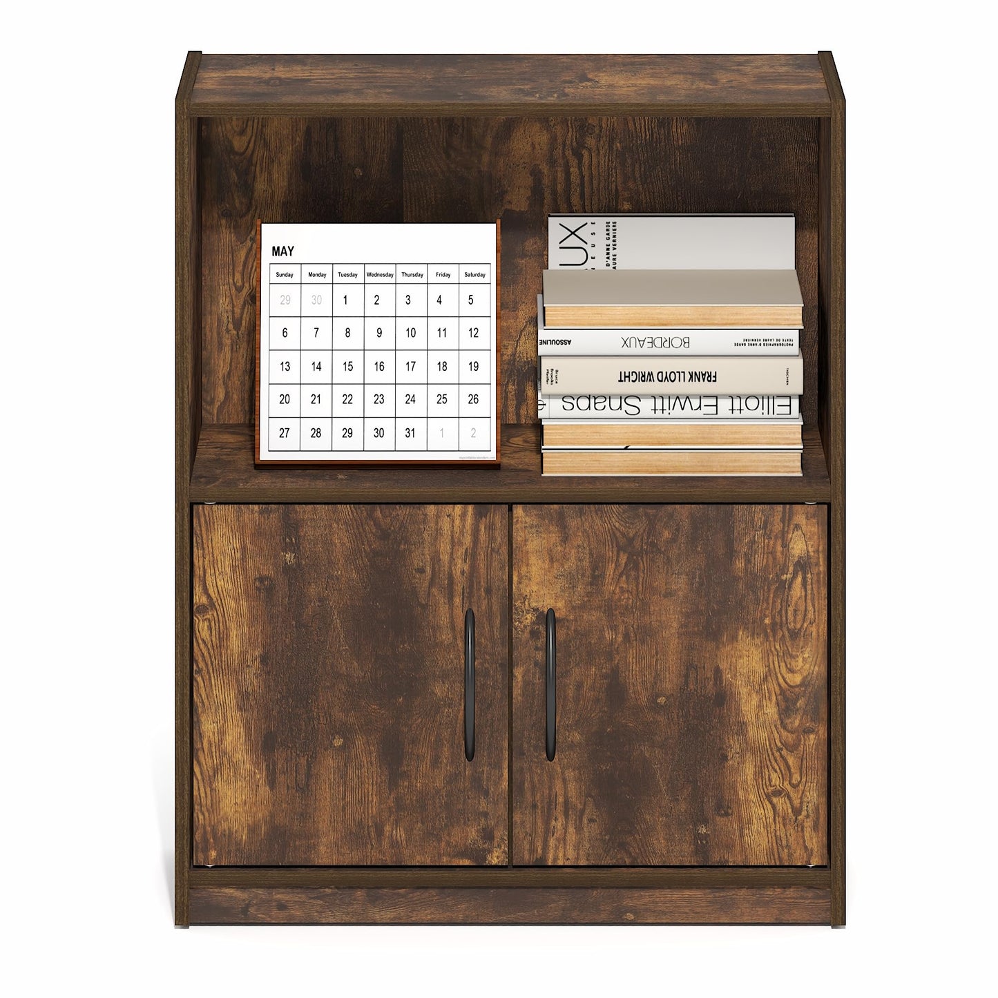 Furinno GRUEN Book Shelf, 2-Tier Small Bookshelf, Bookcase with Open Shelf and Doors Storage Cabinet, 23.6 x 55.4 x 68.6 cm, for Living Room, Bedroom