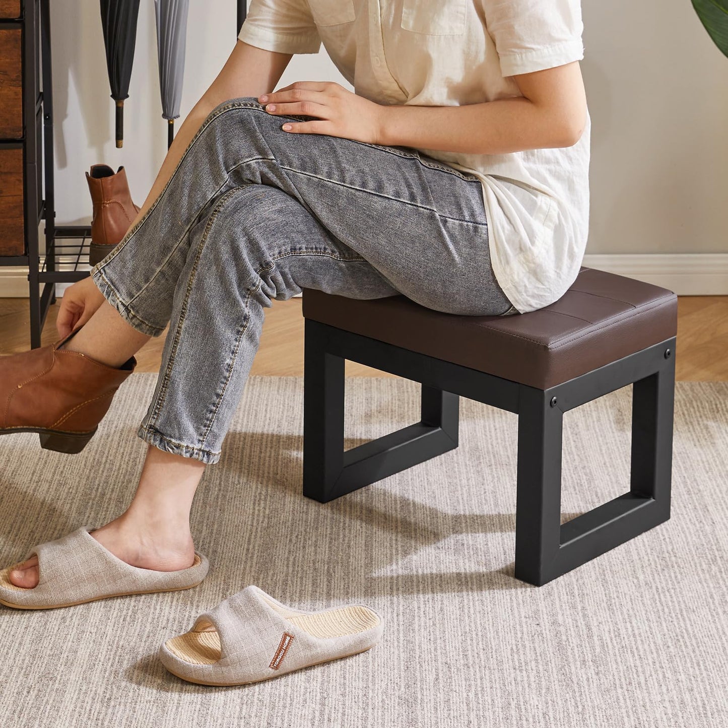 IBUYKE 16 Inch Small Foot Stool Ottoman, Rectangle PU Faux Leather Foot Rest with Padded Seat and Metal Legs