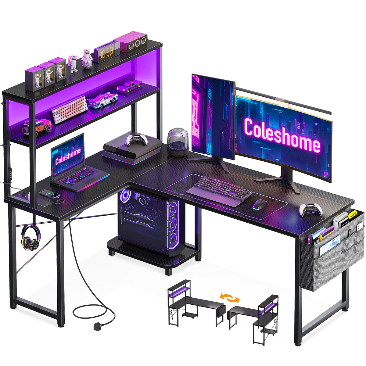 Coleshome L Shaped Gaming Desk with LED Lights & Power Outlet, Black