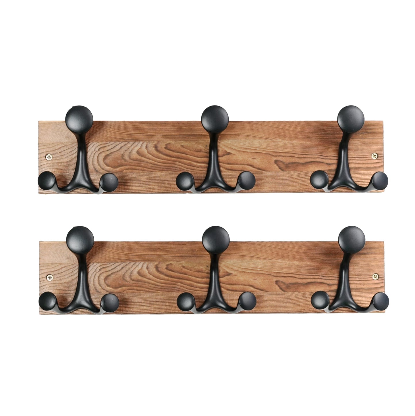 HONSKY Wall Mounted Coat Rack, 43cm Brown Pine Wood Base, 3 Black Sturdy Aluminium Alloy Triple Hooks (9 Hanging Points)