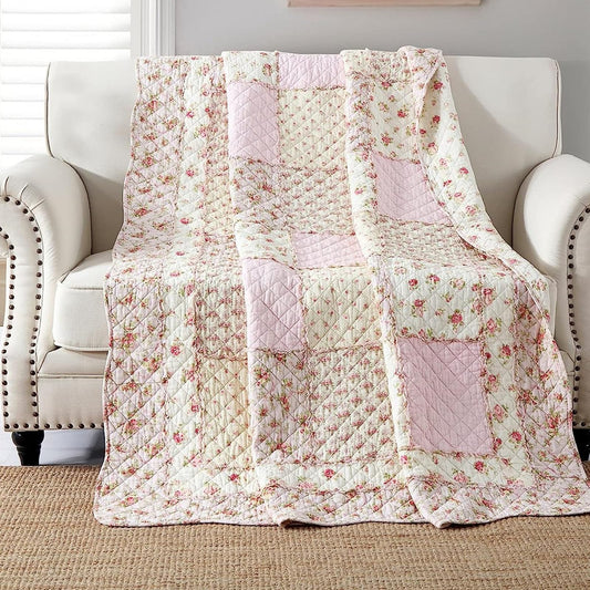 Qucover Single Bedspread Quilted Throw Soft 100% Cotton Pink Floral Patchwork Quilt 150x200 cm Decorative Sofa Couch Coverlet