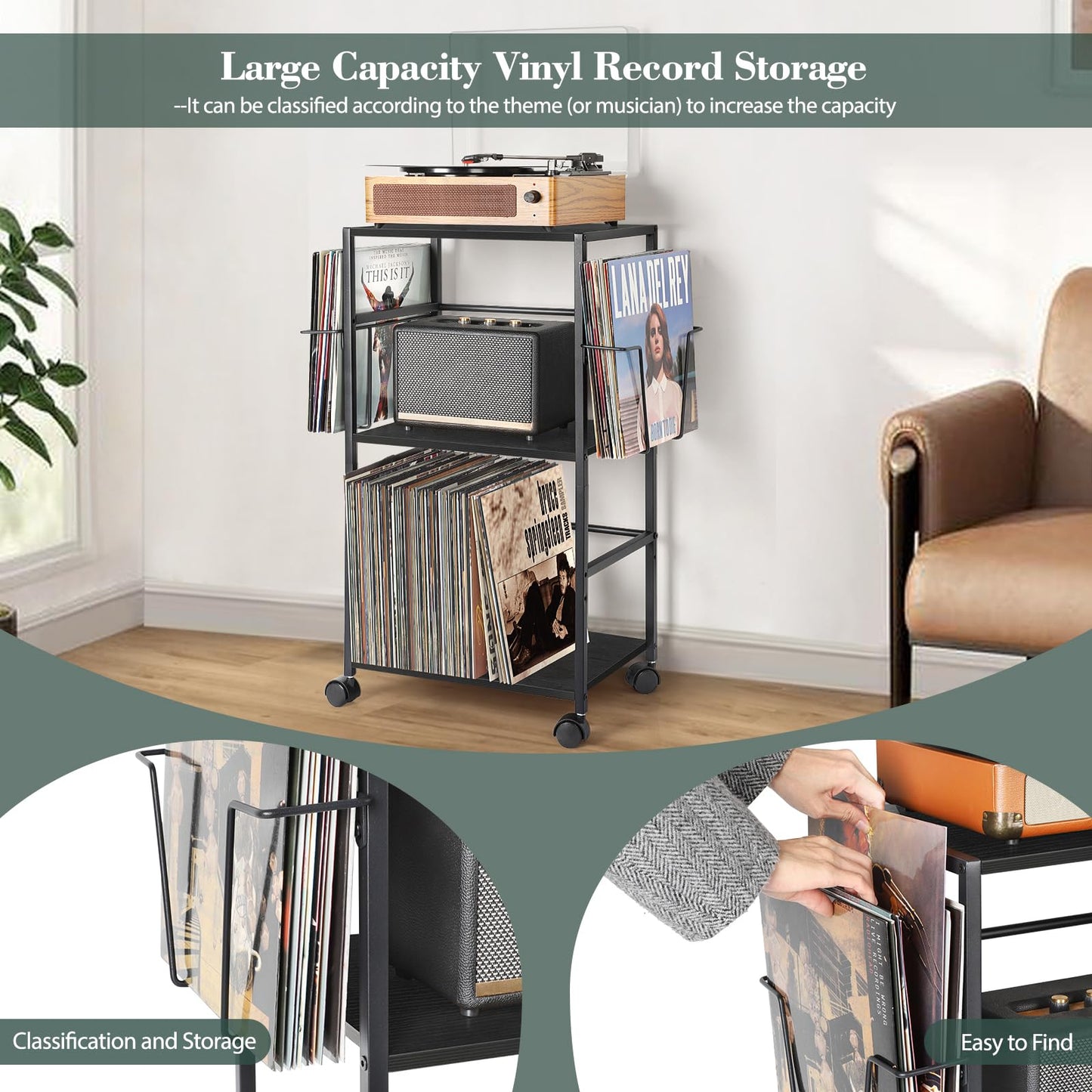 Bikoney Rolling Record Player Stand with Vinyl Storage for 150 Albums,Black