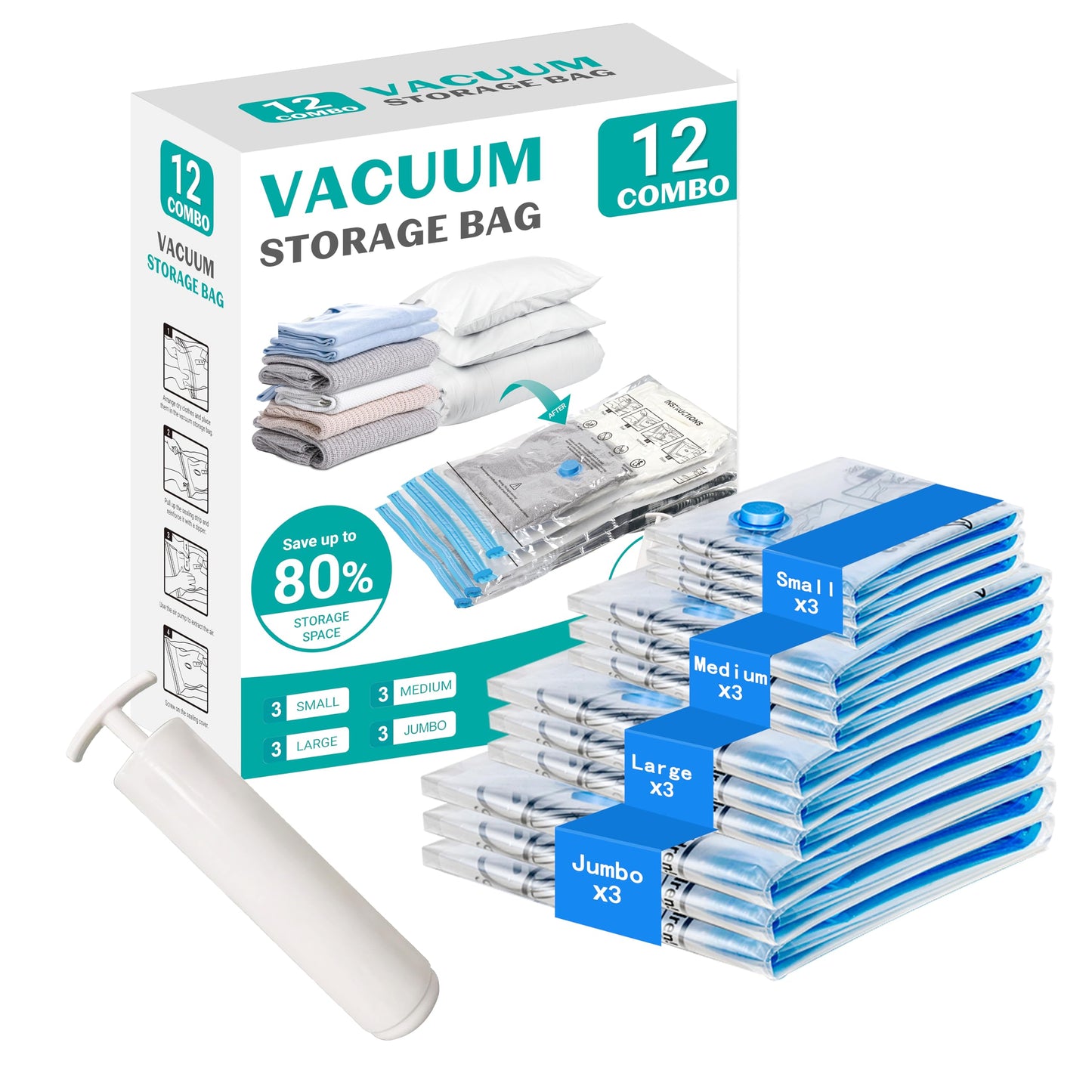 ZOESTORAGE Vacuum Storage Bags,12 Pack Vacuum Bags with Travel Hand Pump,Vacuum Pack Bags for Clothes,Blankets,Comforters,Pillows,Clothes Storage