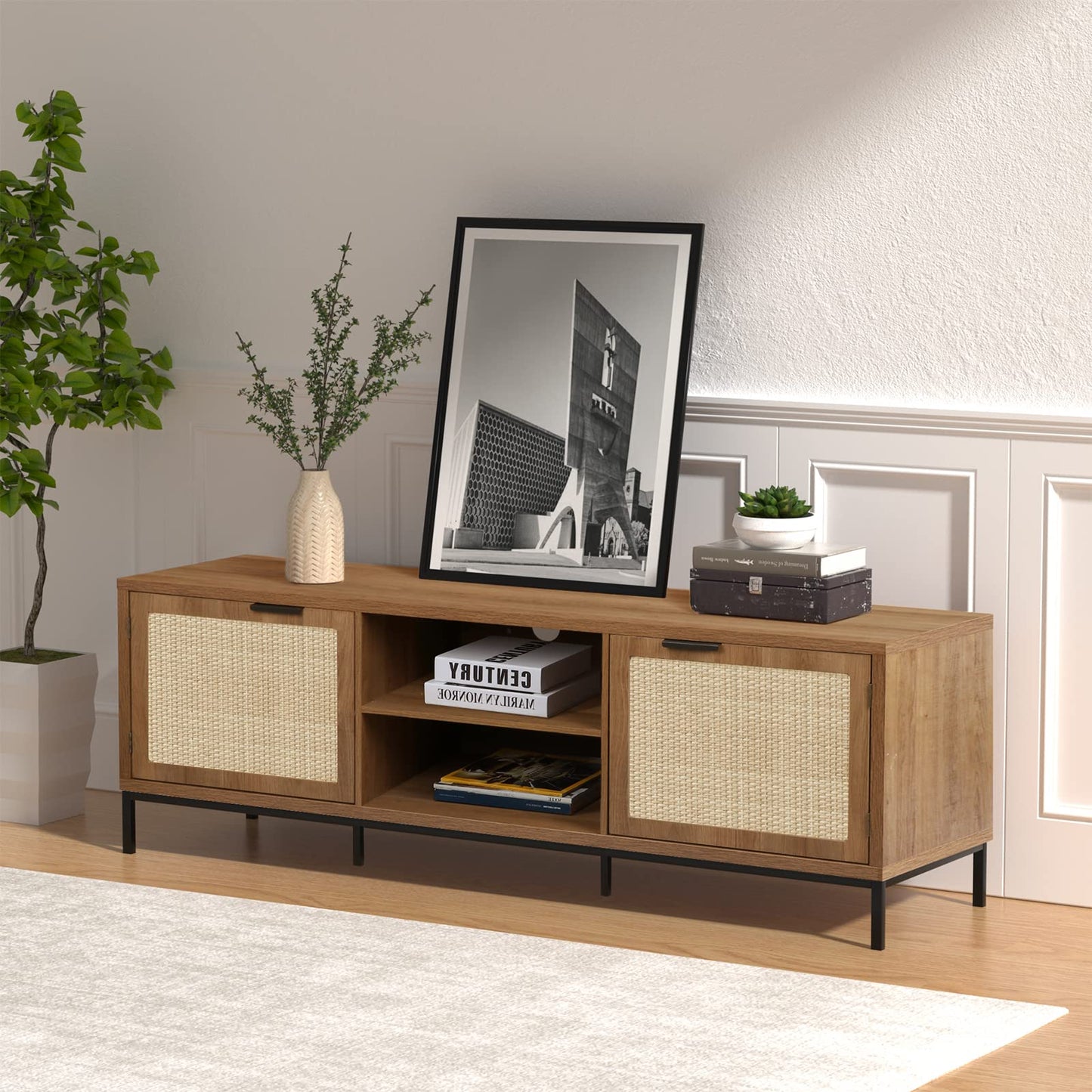 Skokliz TV Unit, TV Stand Cabinet for TVs up to 65 inch, Boho TV Console with 2 Rattan Door Storage, 150cm Long TV Cabinets for Living Room, Bedroom