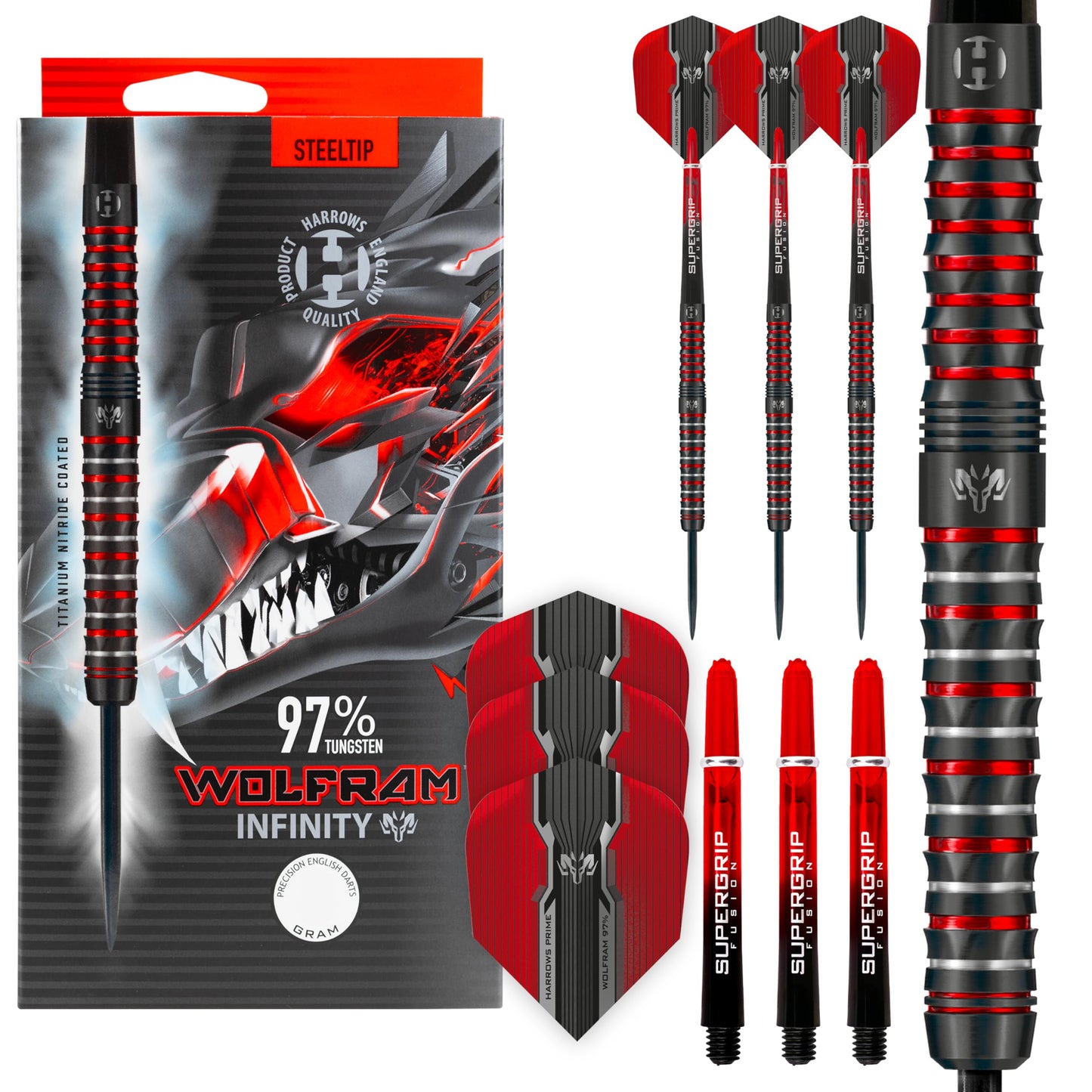 Harrows Wolfram Infinity Steel Tip Tungsten Darts Set 21g, 22g, 23g & 24g - Includes Supergrip Fusion Shafts & Prime Wolfram Infinity Flights (23)