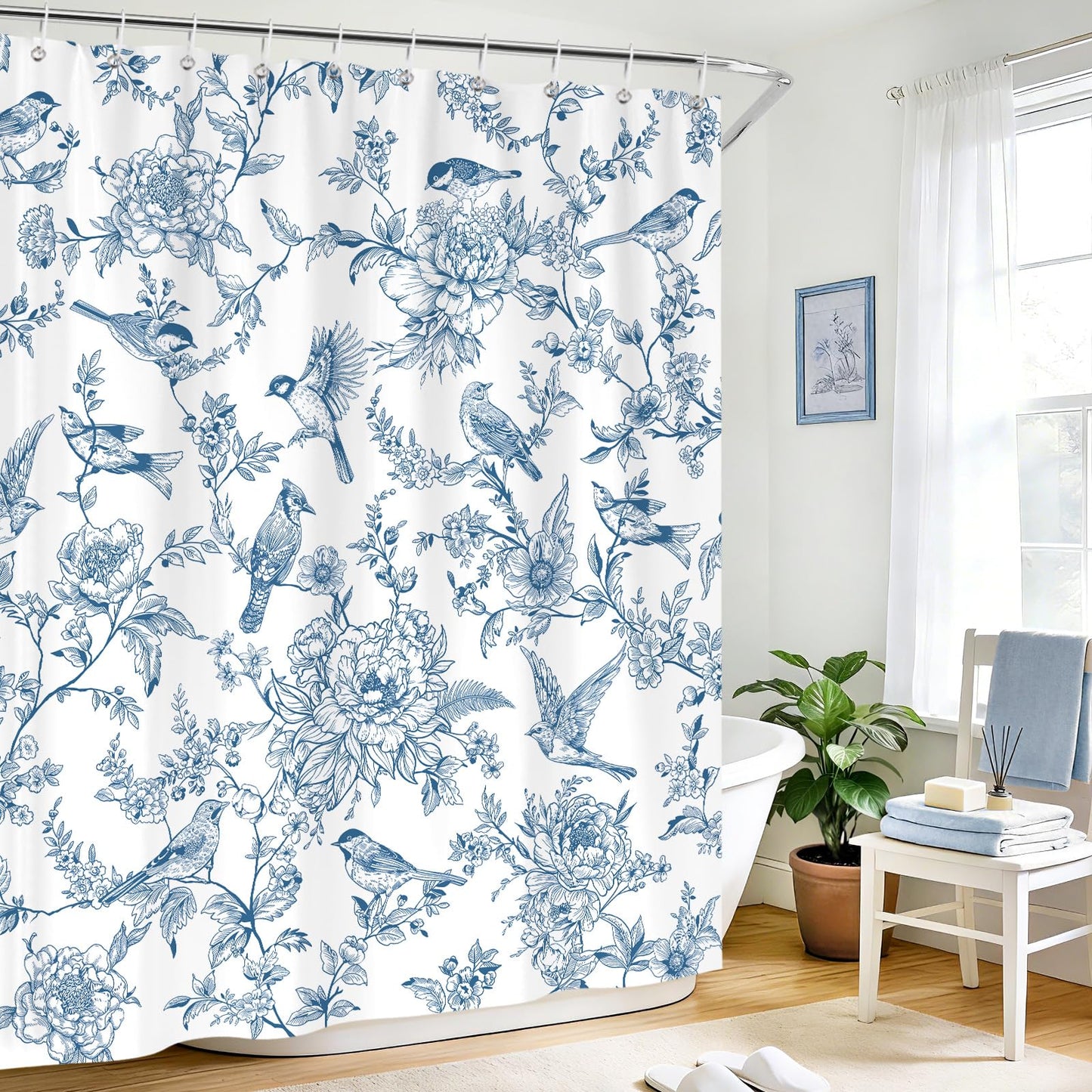 hometrixx Farmhouse Vintage Blue Floral Birds Shower Curtain 180x200cm