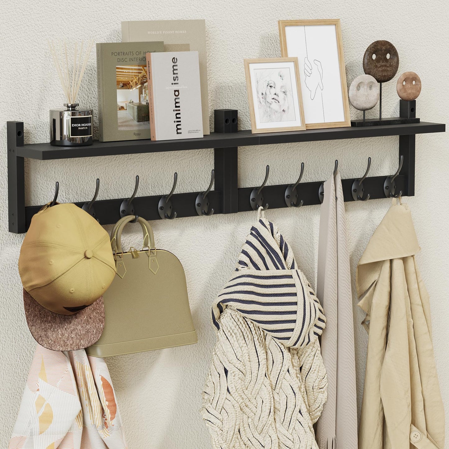 AMBIRD 87cm Extra Wooden Wall Coat Rack with Shelf - Elegant and Functional Wall-Mounted Storage Solution with 10 Hooks for Coats, Hats, Keys