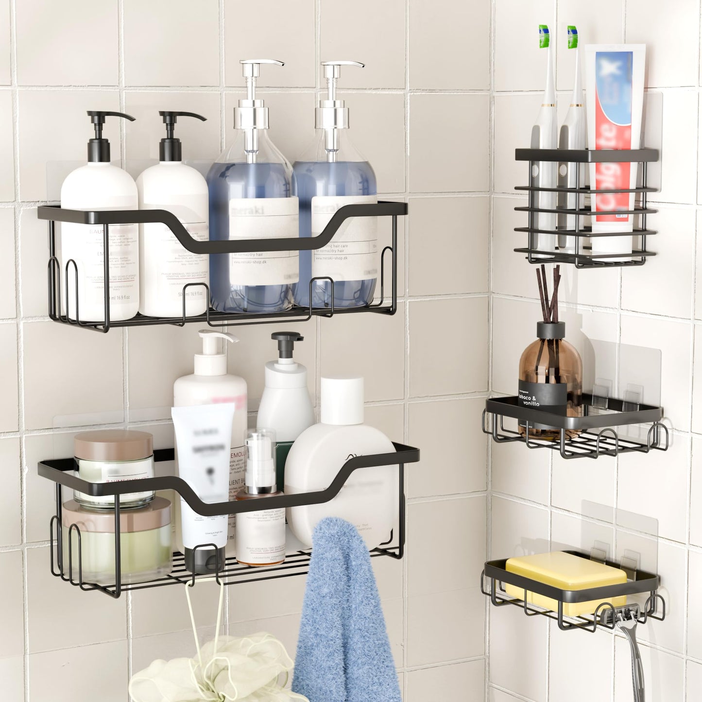 Cubbiesavor Shower Caddy 5 Pack, Stainless Steel Shower Shelf No Drilling with Toothbrush, Razor and Soap Holder Set, Black Bathroom Accessories