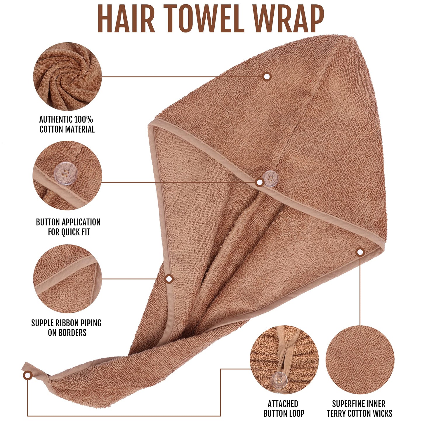 LUXURY Hair Towel Wrap 100% Cotton, Instant Drying Lightweight Turban Cap Super Quick Absorbent Anti-Frizz Twist Toweling Dry Hat with Button Loop