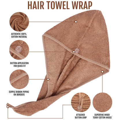 BAVIN LUXURY Hair Towel Wrap 100% Cotton, Instant Drying Lightweight Turban Hair Cap Super Quick Absorbent Anti-Frizz Twist Toweling Dry Hat with