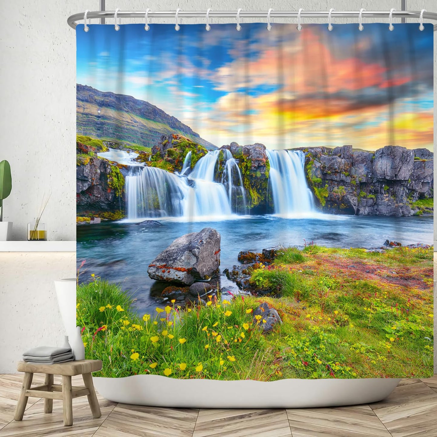 ASDCXZ Shower Curtain 180x200 cm, Natural Landscape Mountains and Rivers Waterfall Flowers Grass Washable Bath Shower Curtains Polyester Textile