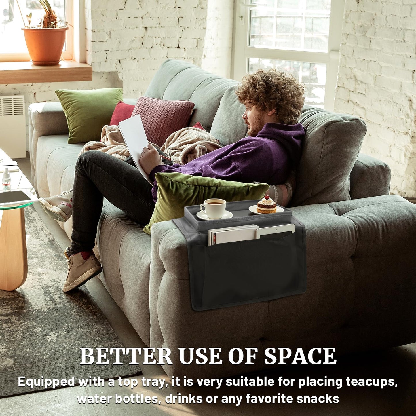 Fizleca Sofa Arm Tray, Armchair Tray, Armrest Tray Organizer - Waterproof Non-Slip Caddy with 4 Pockets for Cups, Snacks, Phones, Tablets, Books