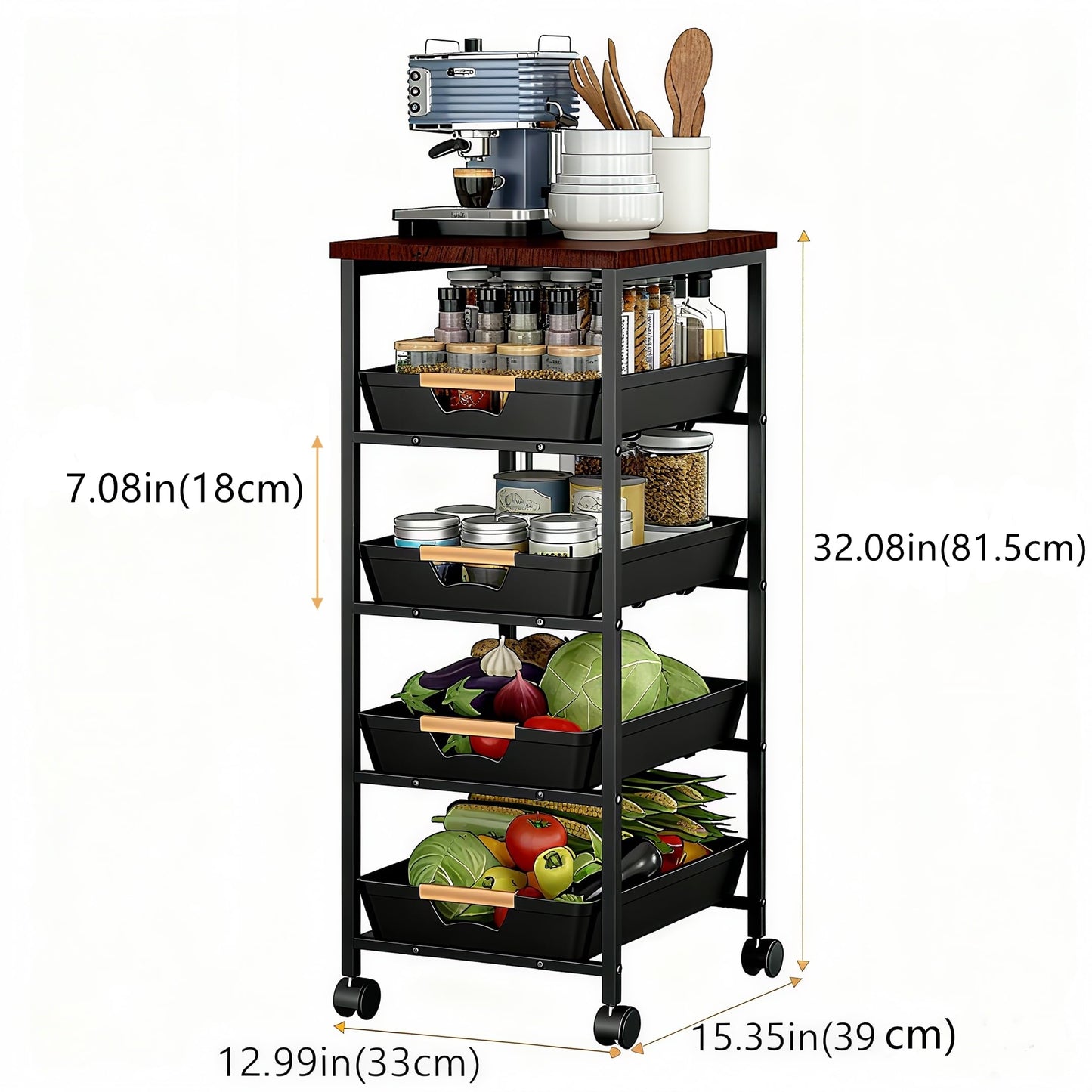 CarolynDesign 5-Tier Metal Frame Organizer Utility Cart with Wooden Top, Multi Functional Rolling Wheels Storage with Pull Out Drawers for Kitchen