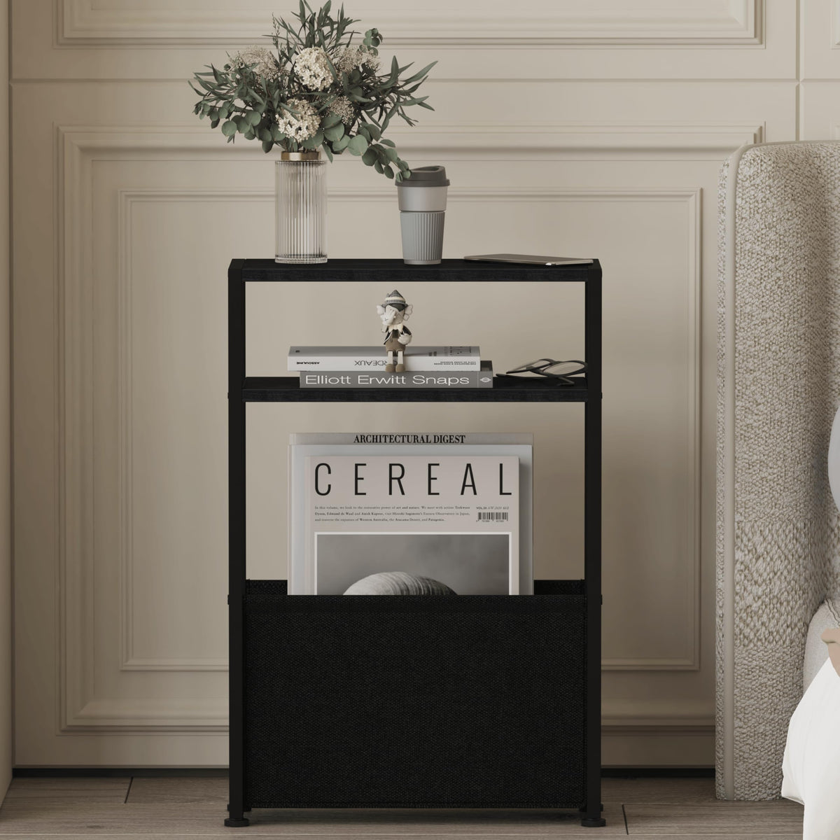 JERX Narrow Side Table with Fabric Basket, End Table for Small Spaces, Slim Side Table with Magazine Rack for Living Room Office Bedroom and Bathroom