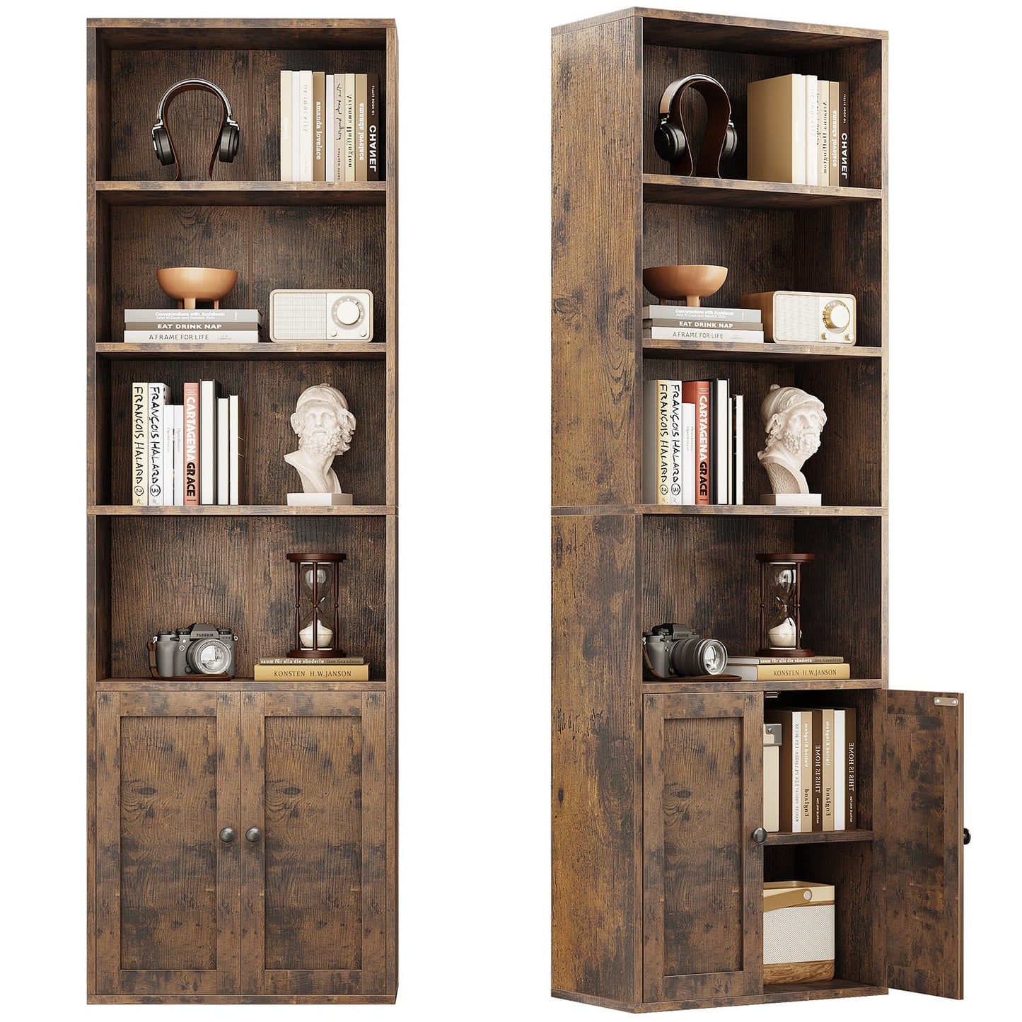 Coleshome 6-Tier Bookcase With Doors, Storage Cabinet, 176.4 cm, Brown