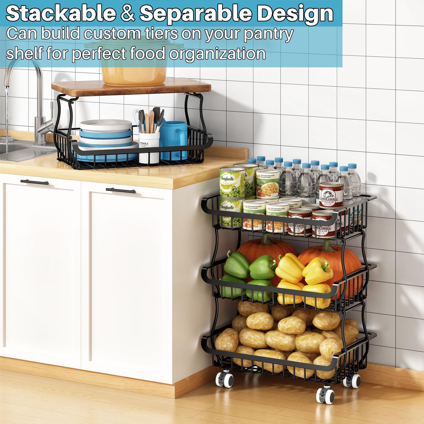 5 Tier Vegetable Fruit Basket for Kitchen, Stackable Metal Fruit and Vegetable Storage Baskets with Rolling Wheels Cart