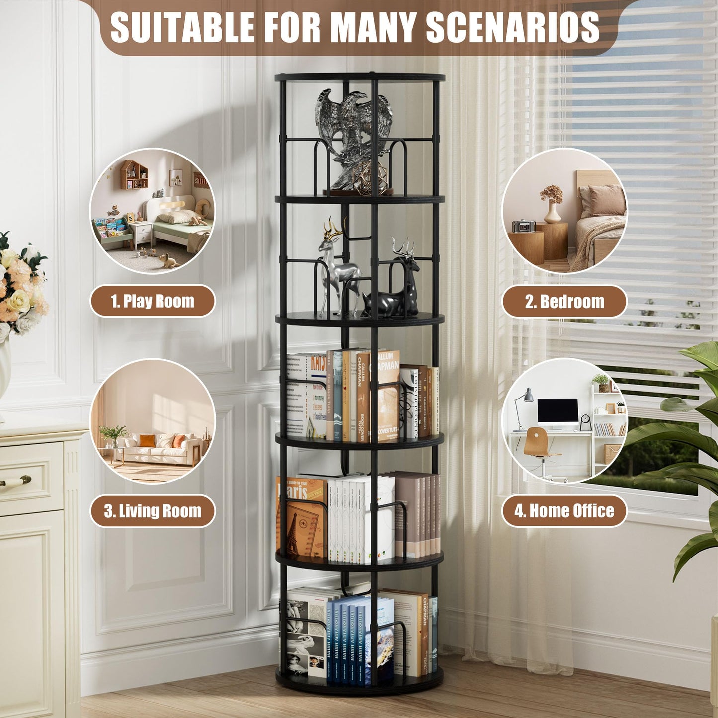 OCTORO 5 Tier Rotating Bookshelf, 360° Corner Bookshelf Tower, Round Revolving Bookcase with Adjustable Levels, Spinning Book Shelf for Home Office