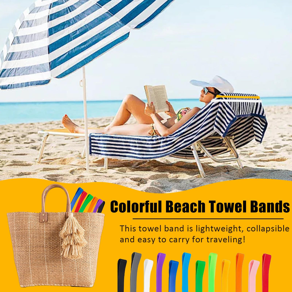 Sicheii 12Pcs Towel Bands, Windproof Silicone Towel Bands for Beach Chairs Cruise, Elastic Towel Clips Holder