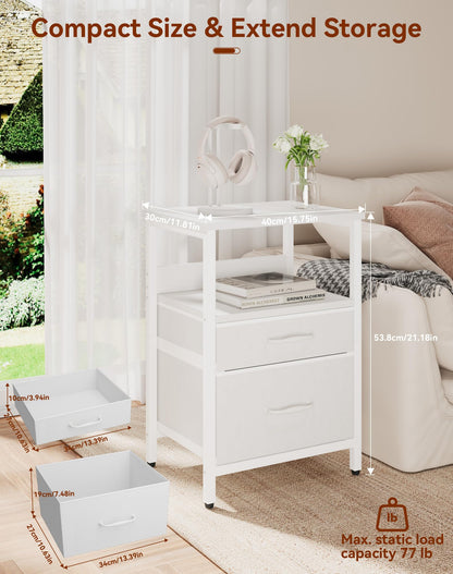 YMYNY White Bedside Table, Bedroom Bedside Cabinet with 2 Fabric Drawers, Open Shelf Unit, Metal Frame, Modern, Nightstand, End Table
