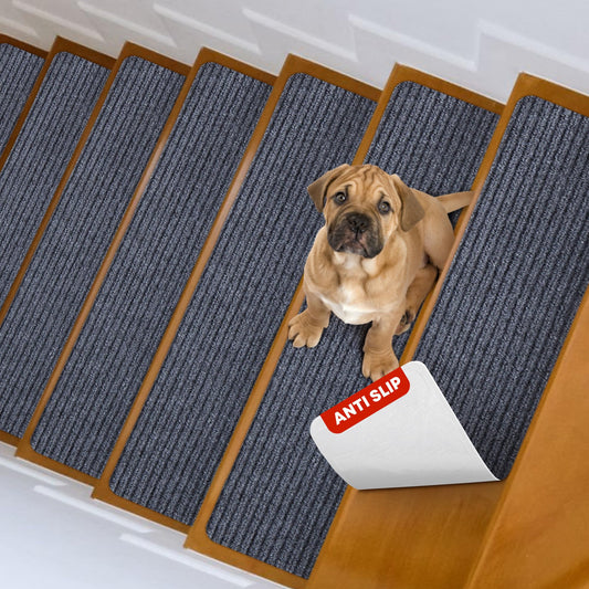 MBIGM 8" X 25.6" (15 Pack) Non Slip Carpet Stair Treads Non Skid Safety Rug Slip Resistant Indoor Runner for Kids Elders and Pets with Reusable