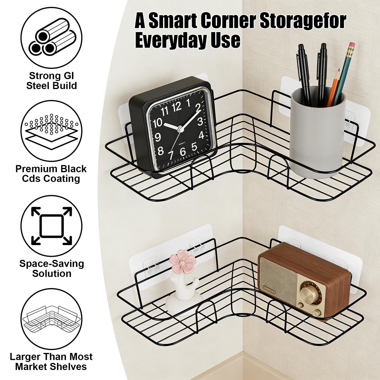 Plliocse 2 Pack Corner Shower Caddy, Wall-Mounted Shower Corner Shelves with 8 Adhesive Hooks, Rustproof Bathroom Shelf Storage No Drilling