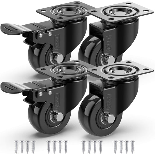 GBL Heavy Duty Castor Wheels with 2 Brakes + Screws - 50mm up to 200KG - Set of 4 No Floor Marks Small Caster for Furniture - Rubbered Trolley Wheels