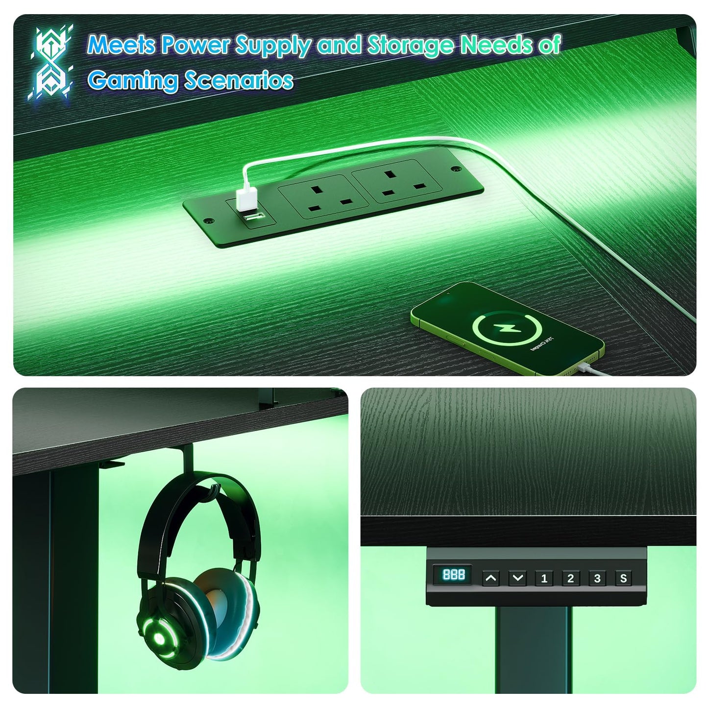 OffiGo Standing Desk, 120cm U Shaped Desk with LED Lights & Power Outlets
