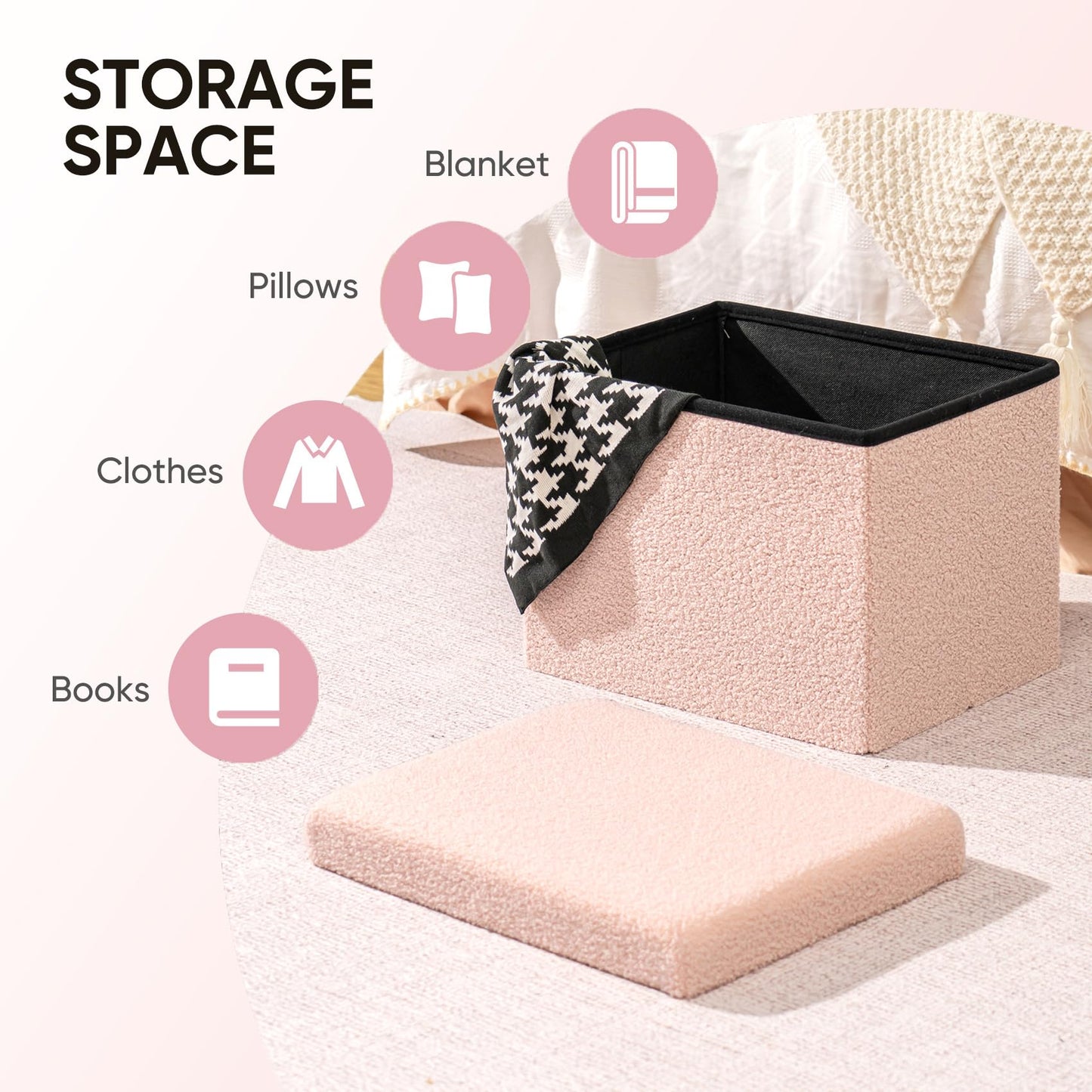 Bonlife Ottoman Seat with Storage,Folding Small Footstool for Living Room,Cube Toy Chest Box,Foot Rest,Sherpa Fabric,Pink,42x32x32cm