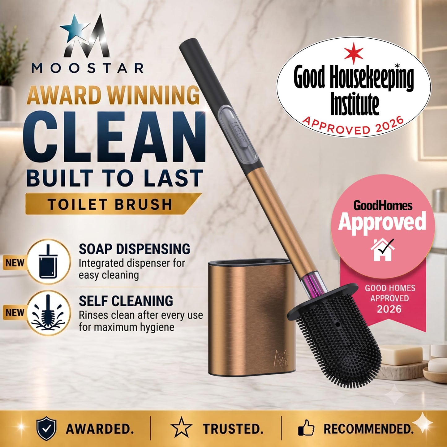 MooStar 1-Pack Silicone Toilet Brush with Holder-Stainless Steel Wall-Mounted & Free-Standing Toilet Brushes and Holders with Quick-Drying Flexible