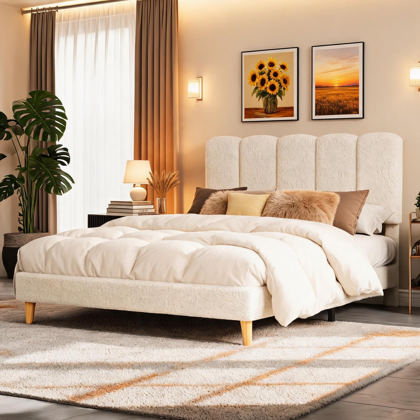 Crevyteg Modern Bouclé Upholstered Double Bed Frame 4ft6 135x190cm, Adjustable Wave Headboard, Sturdy Wooden Slats, Underbed Storage, Easy Assembly