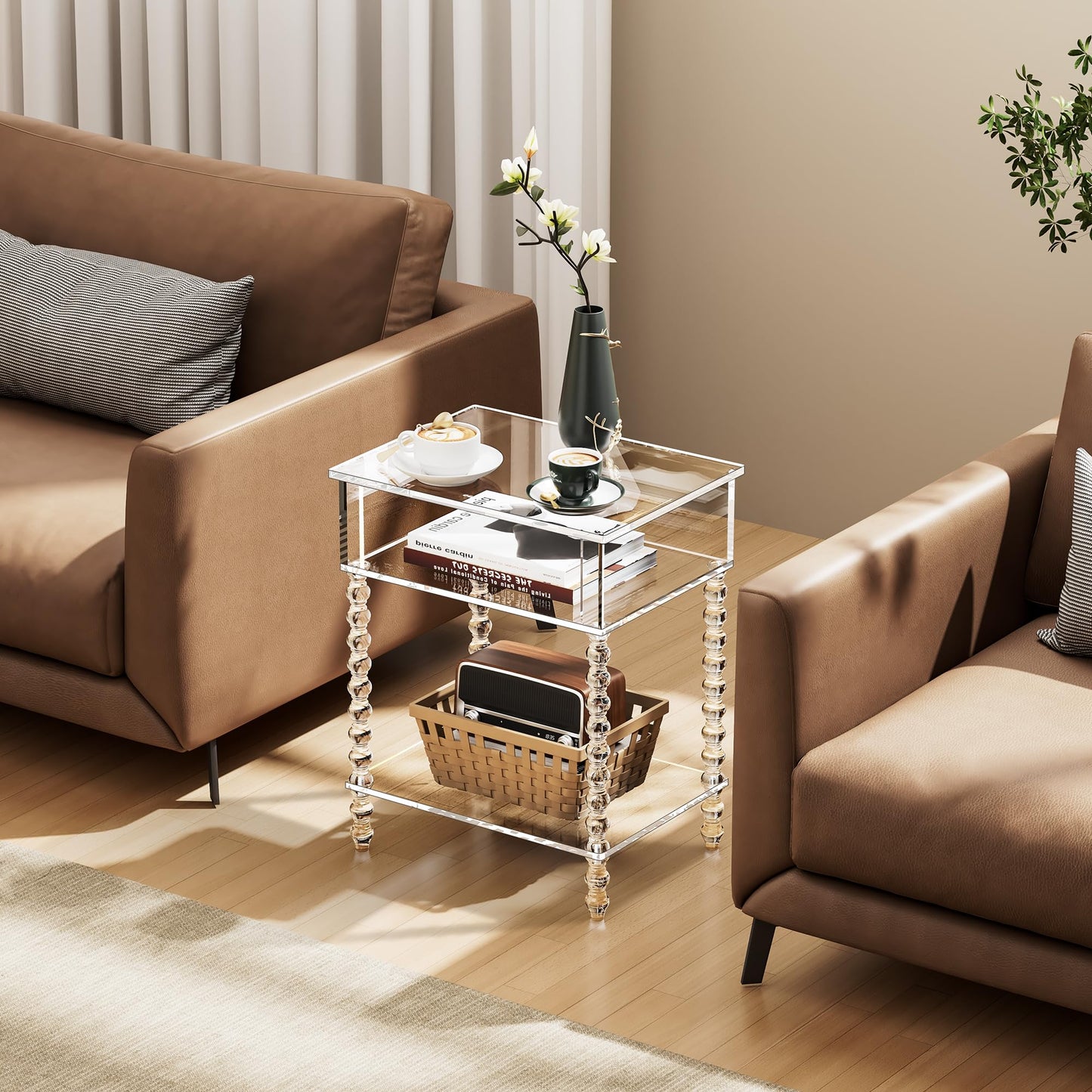 Dewrhiixe Acrylic Side Table, Clear 3-Tier End Table with Storage, Nightstand for Living Room, Bedroom, Office (Clear, 40x30x50 cm)