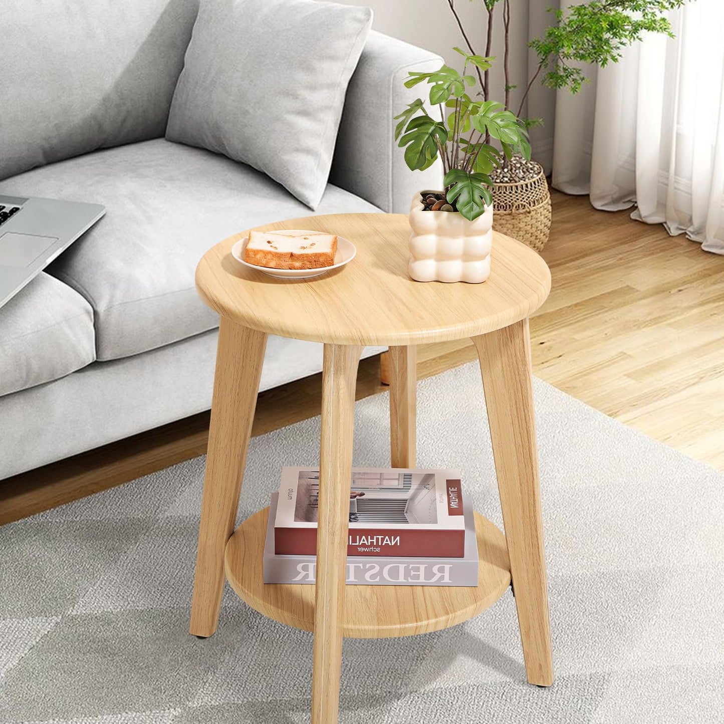 FEUFOAM End Table Small Round Side Table with 2 Storage Shelves Beige End Tables Accent Sofa Bedside Table Modern Night Stand for Living Room Bedroom
