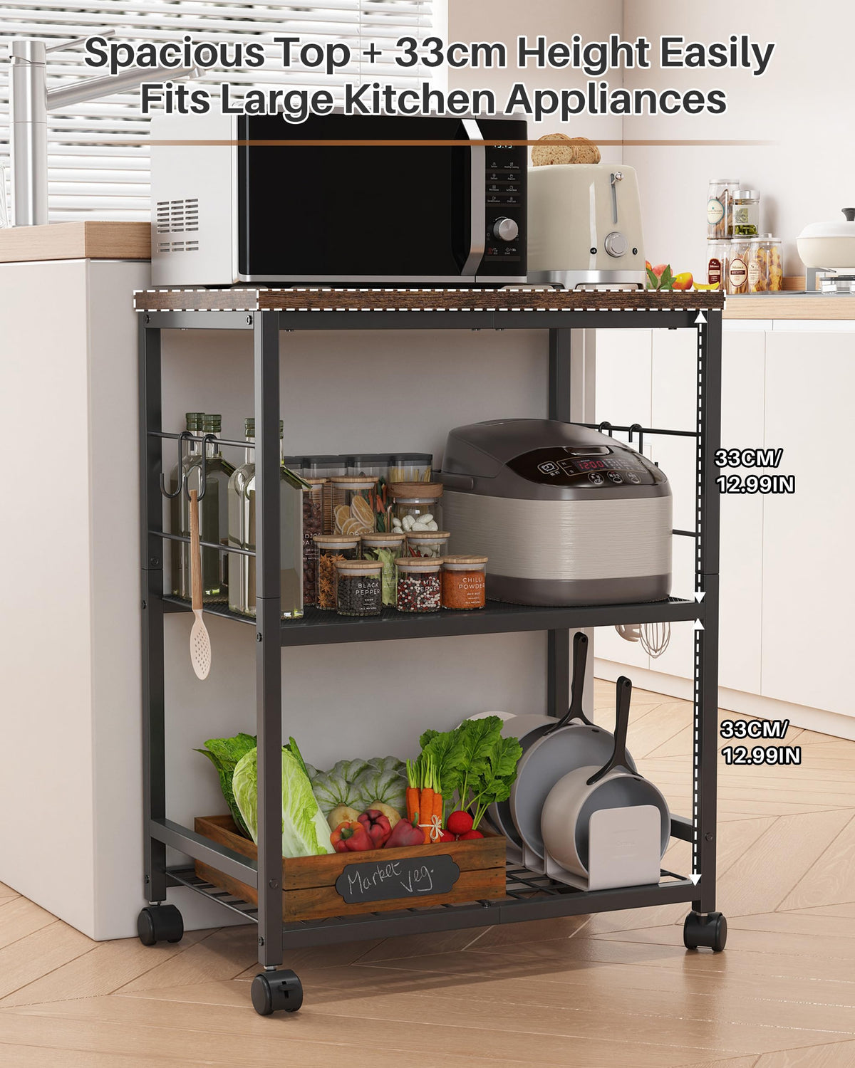 Ornestia 3 Tier Kitchen Trolley With Small Island for StorageBlack