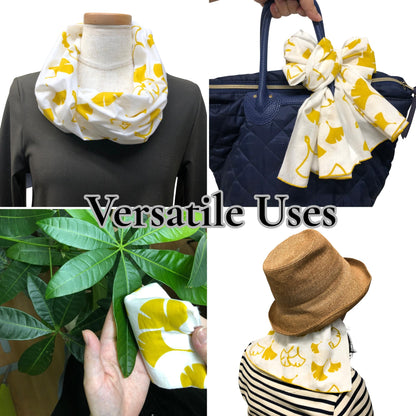 Japanese Tenugui Towel, 34.64"L x 12.99"W, Gingko Icho Yellow on White