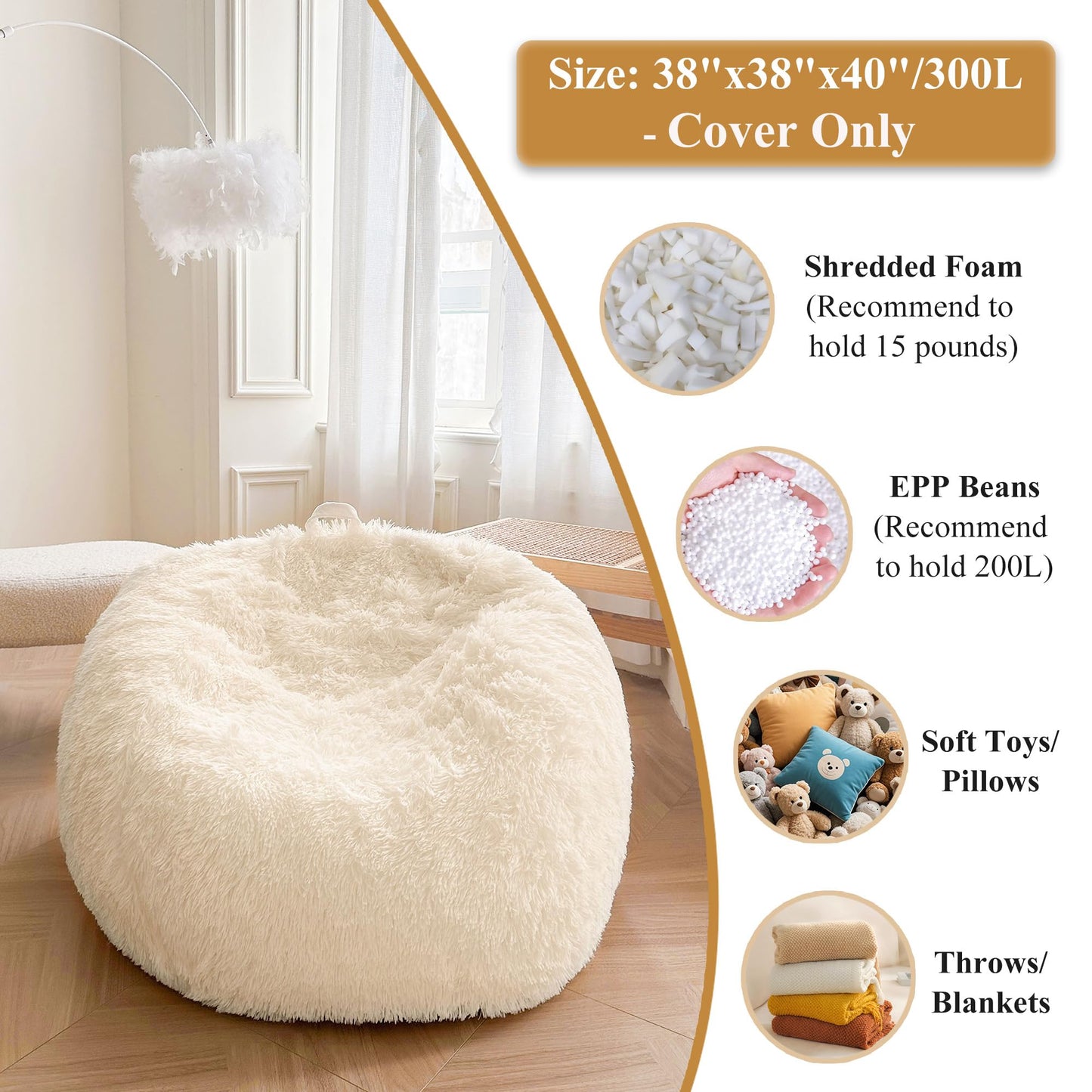 XeGe Soft Faux Fur Stuffed Animal Storage Bean Bag Cover(No Filler), Beige
