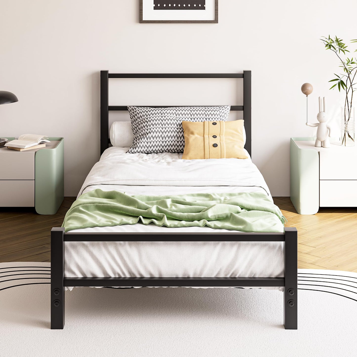 HAHRIR 16cm Low Profile 3ft Single Bed Frame with Metal Headboard, Black