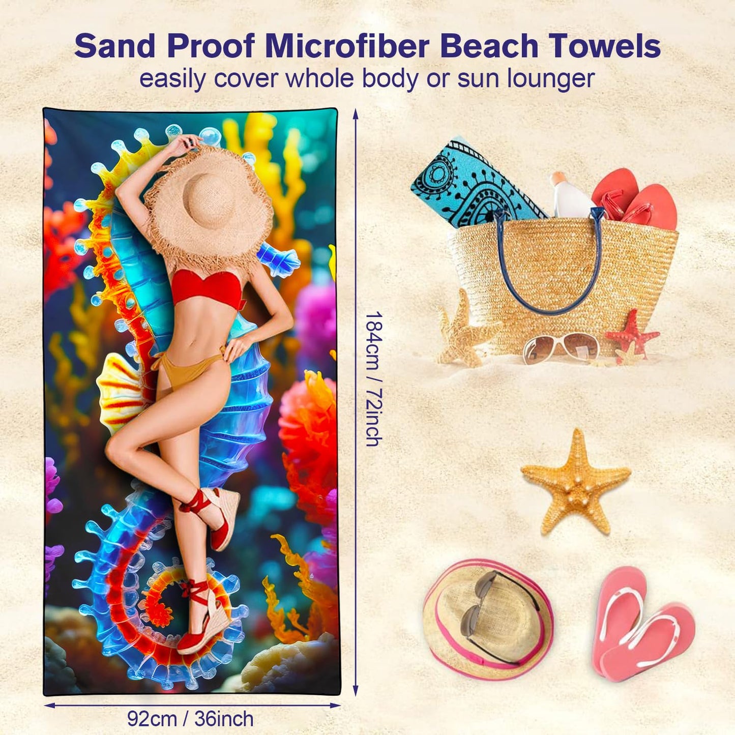 Violetpos Colorful Seahorse Beach Towel, Extra Large 180x90 cm 250GSM Microfibre, Sand Free Quick Dry