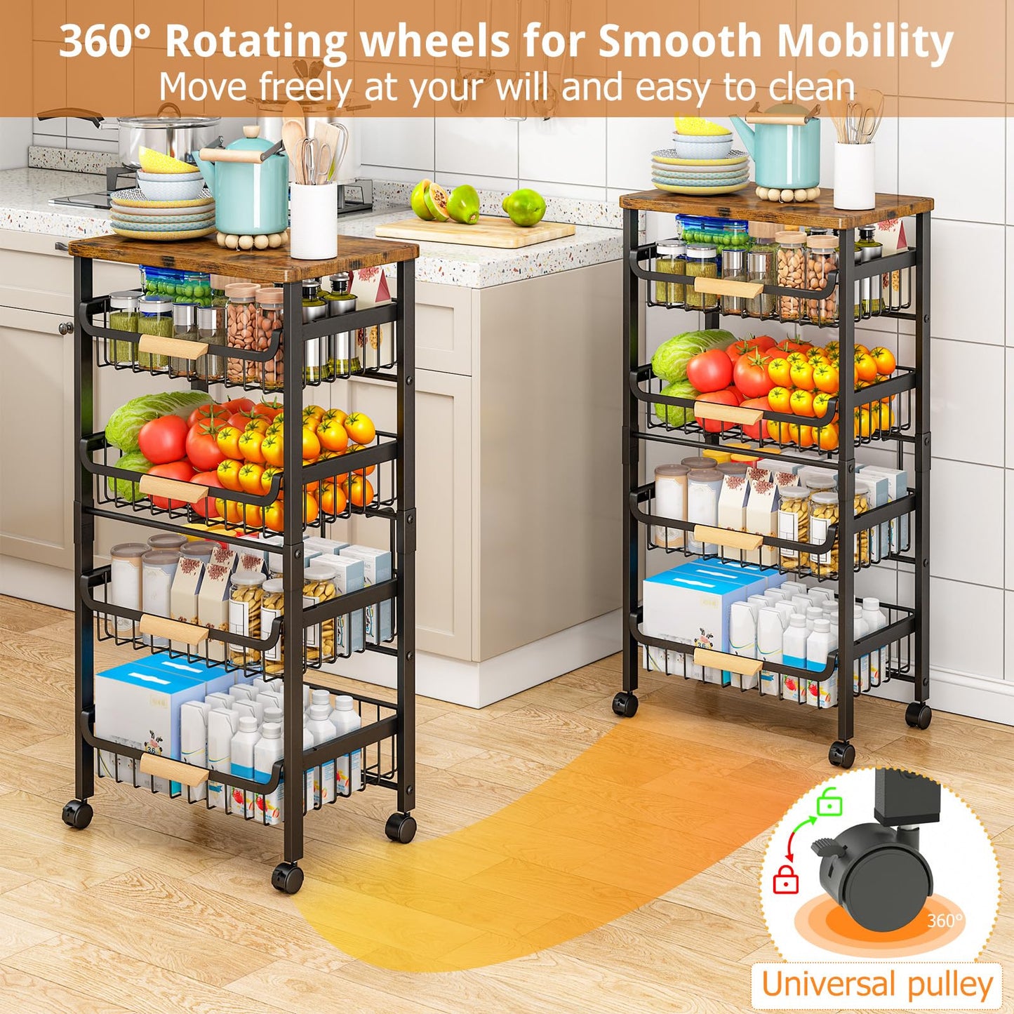 5-Tier Kitchen Trolley on Wheels, Vegetable Storage Rack