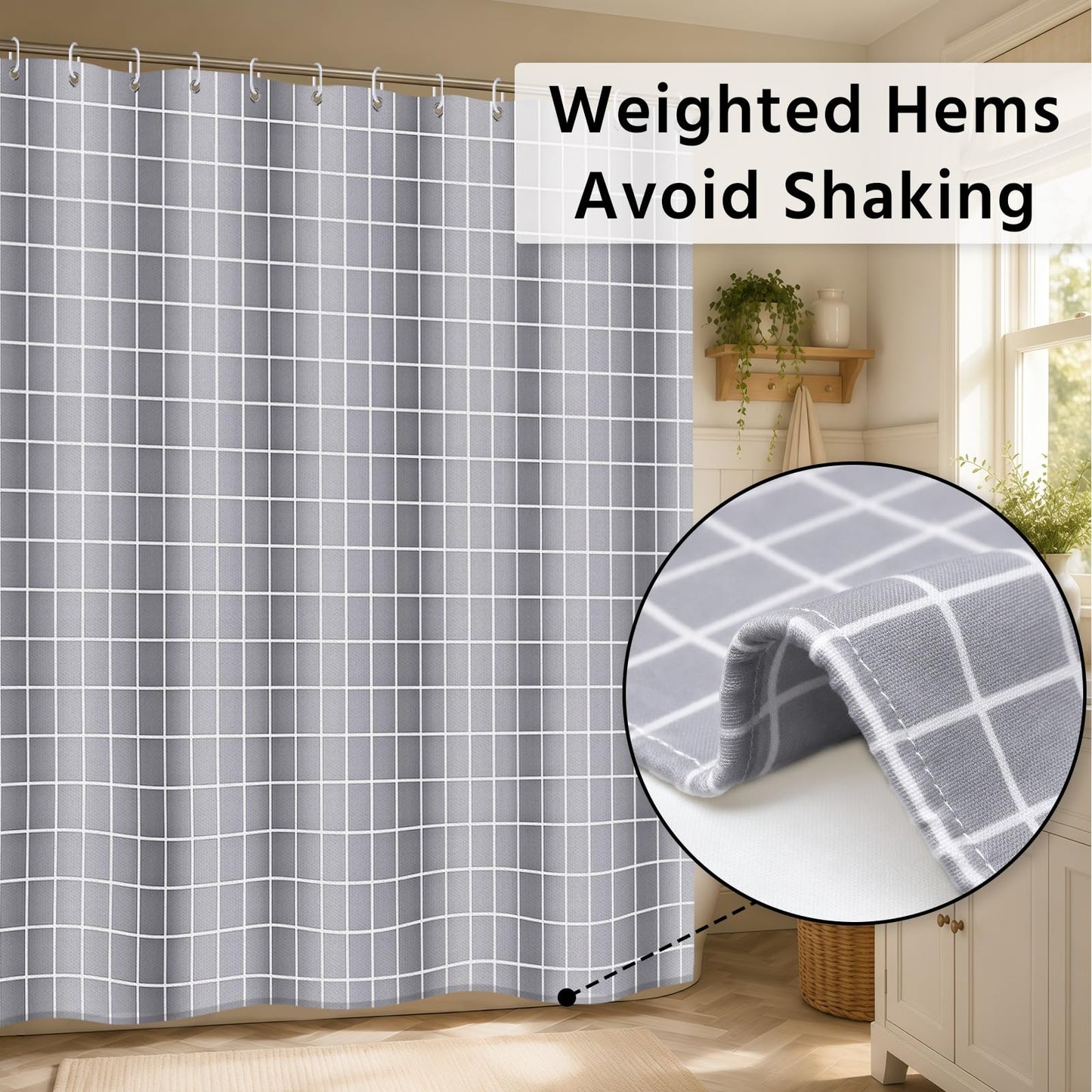 FAVORTALK Shower Curtain Grey Checkered Waterproof 180x180 cm Polyester Bathroom Curtain Grid Thick Duty Bath Curtains with 12 Hooks Resistant